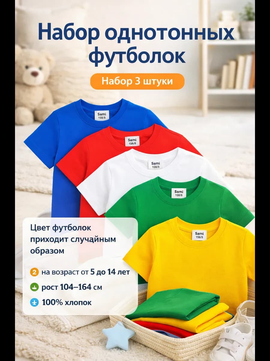Набор футболок хлопковых однотонных 3 штуки