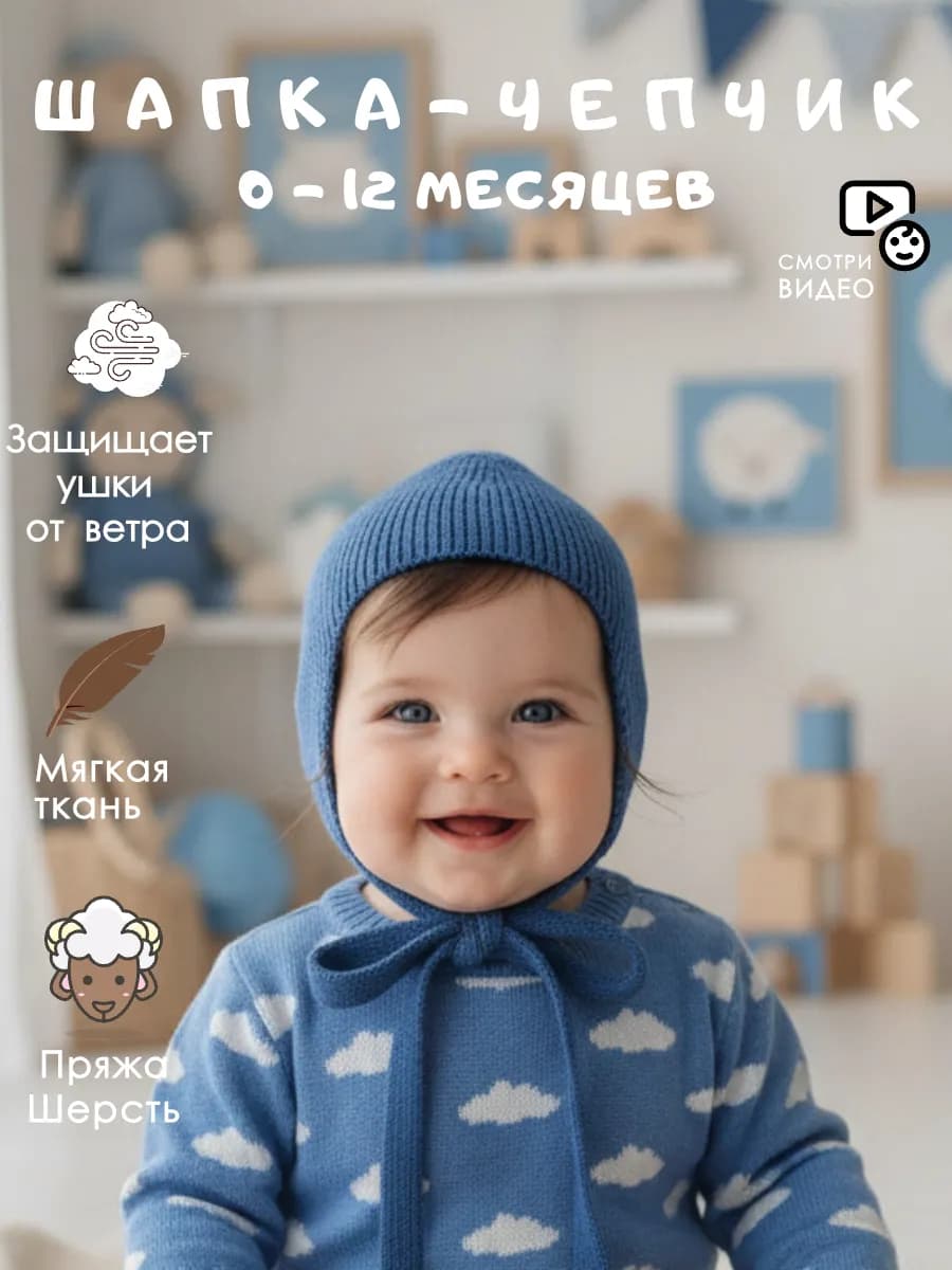 Шапка чепчик вязаный для новорожденного весна