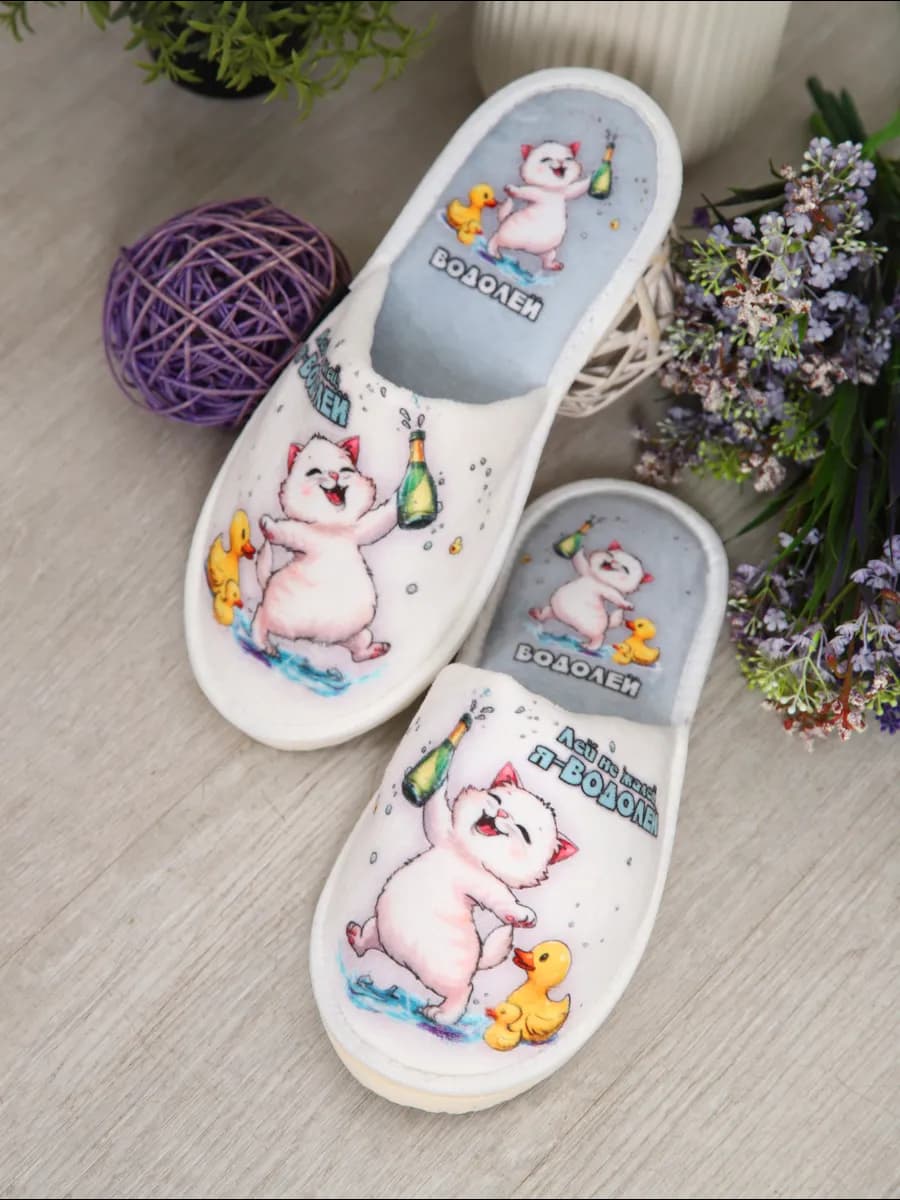 Тапочки домашние женские закрытые с принтом Водолей