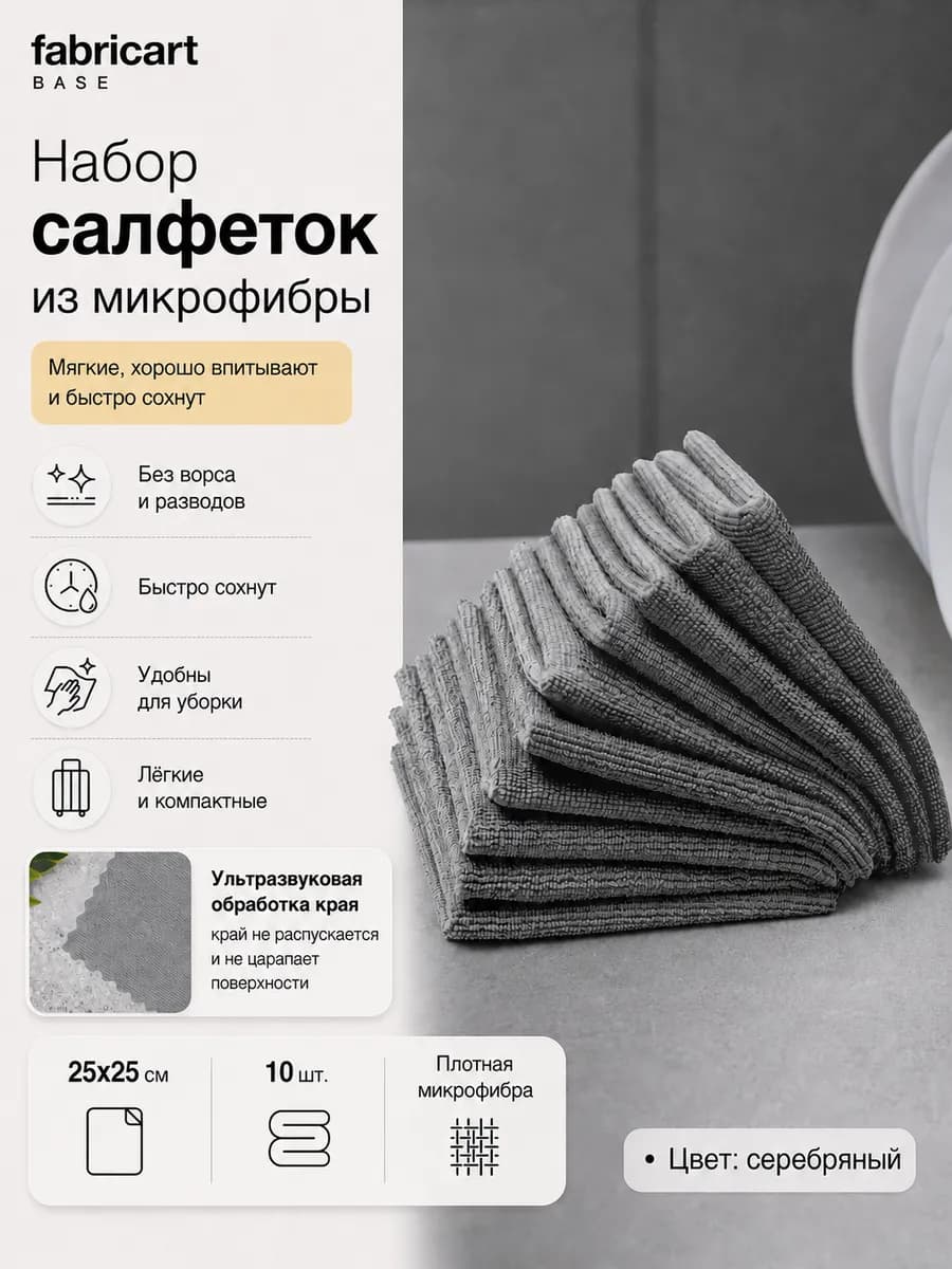 Салфетки для уборки из микрофибры 10 штук 25х25 см