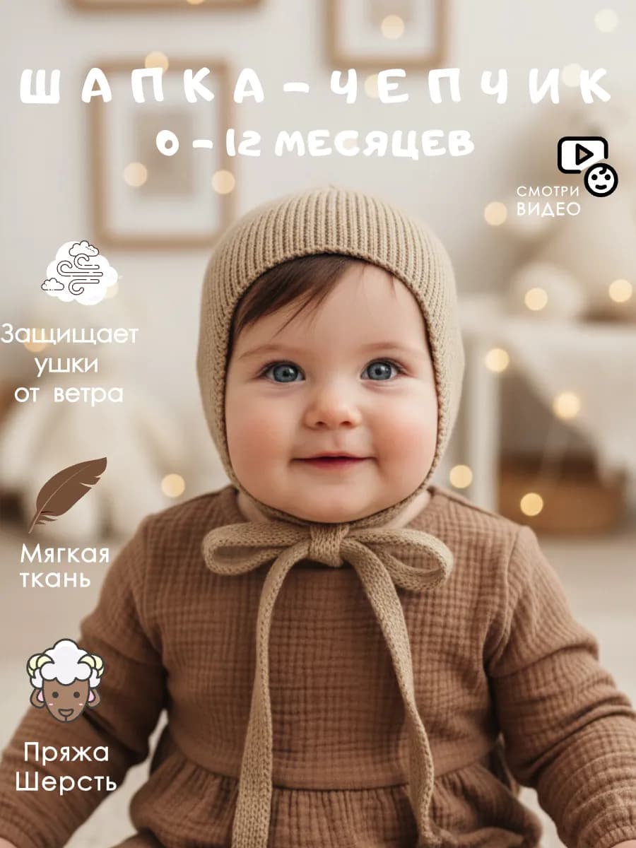 Шапка чепчик вязаный для новорожденного весна