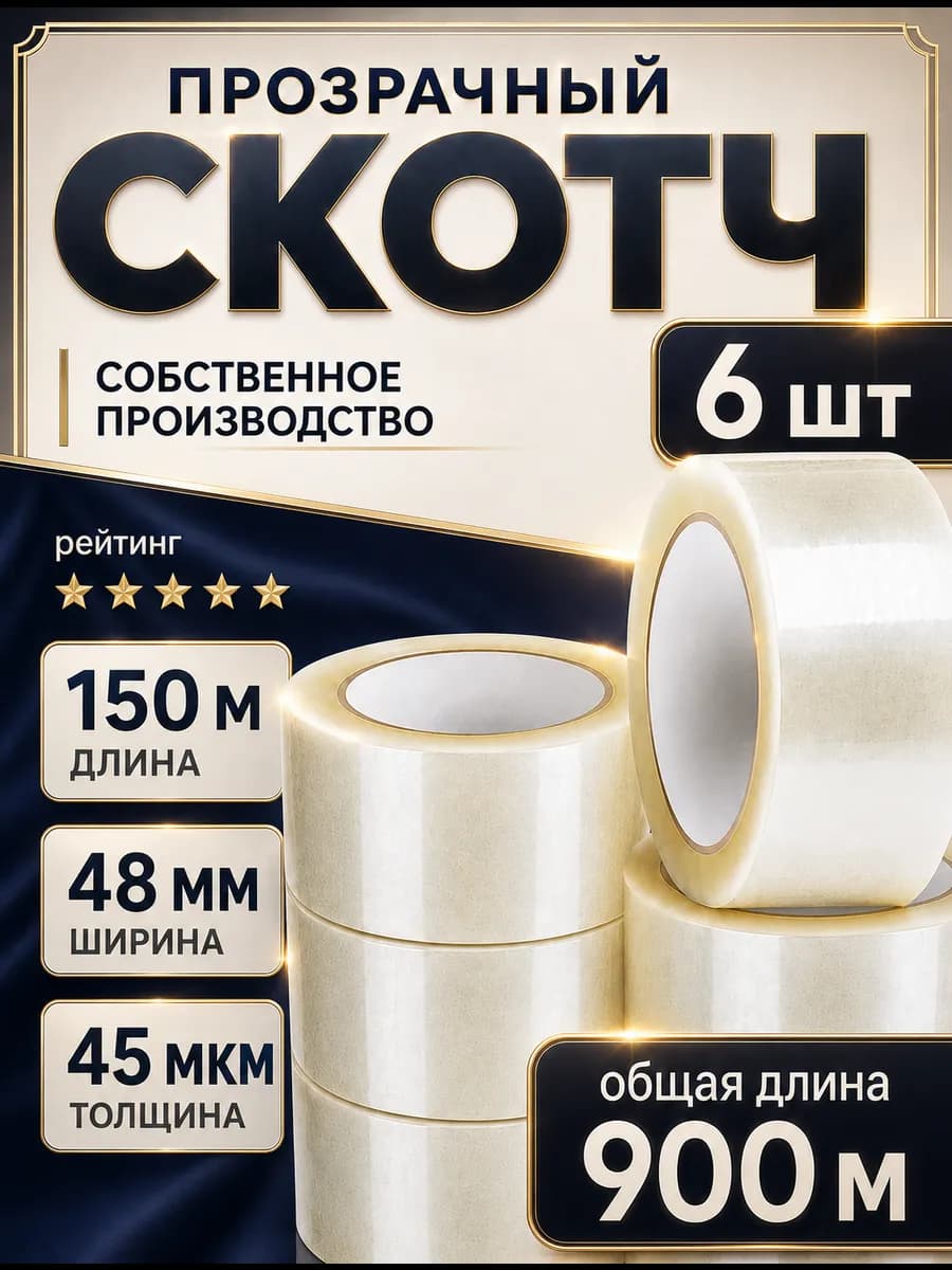 Скотч прозрачный широкий 6 шт в комплекте 150 метров 48 мм