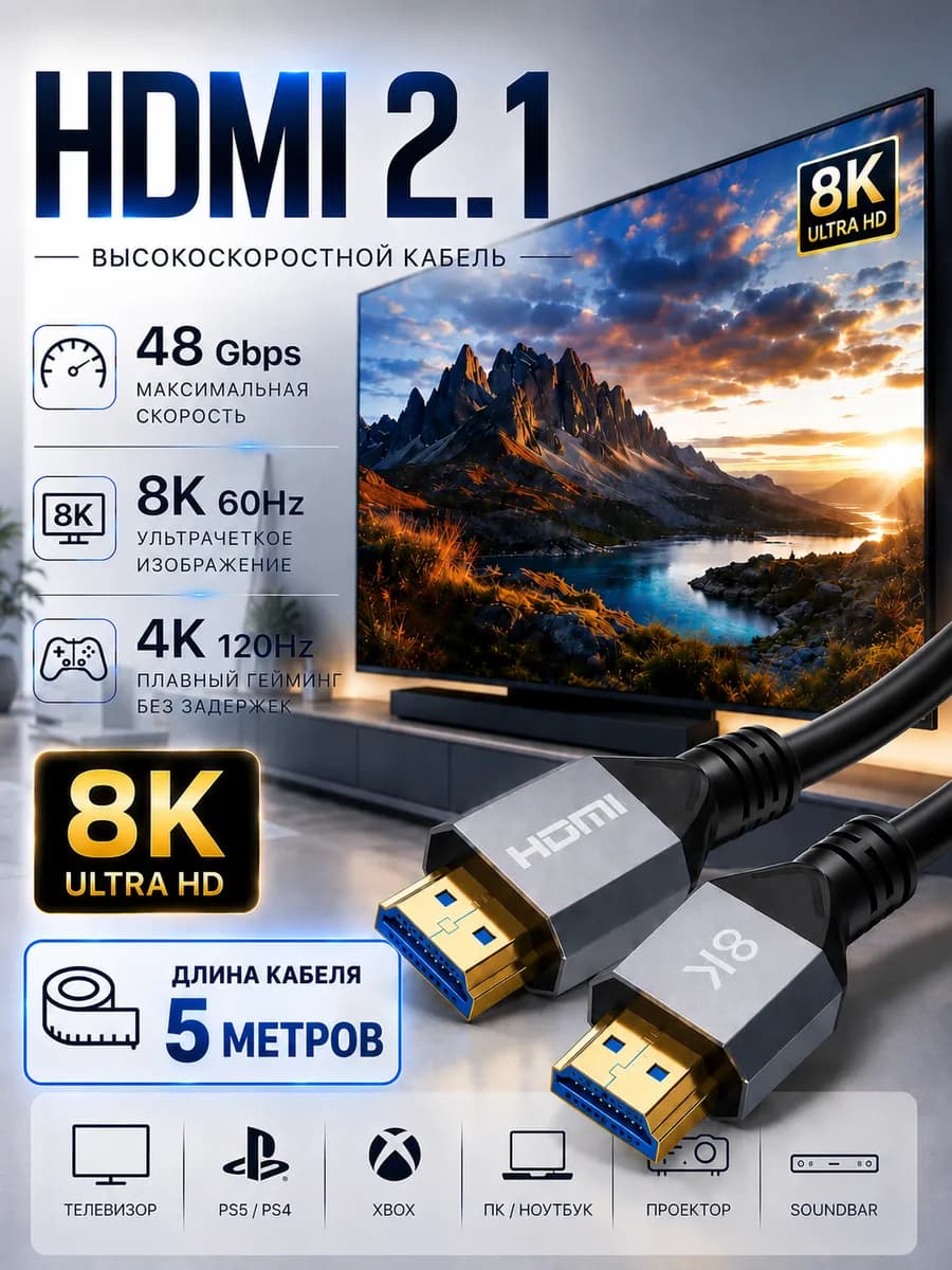 HDMI Кабель 2.1 8К 4К 5м для телевизора и проектора