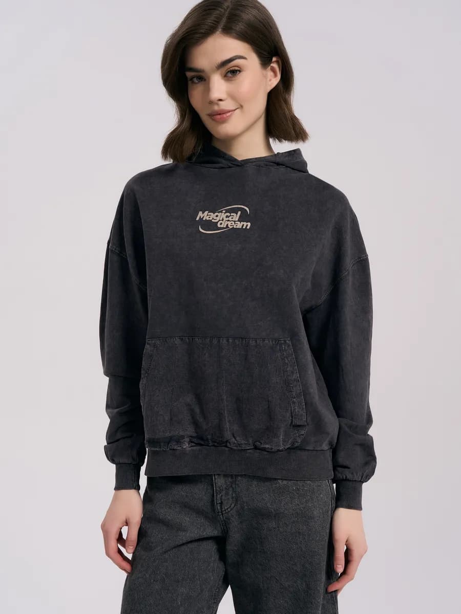 Худи оверсайз с вареным эффектом и надписью