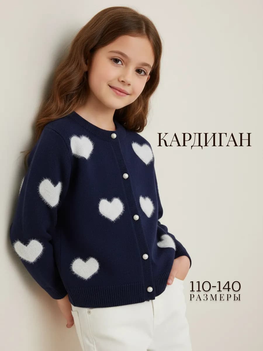 Кардиган вязаный на пуговицах синий для девочек
