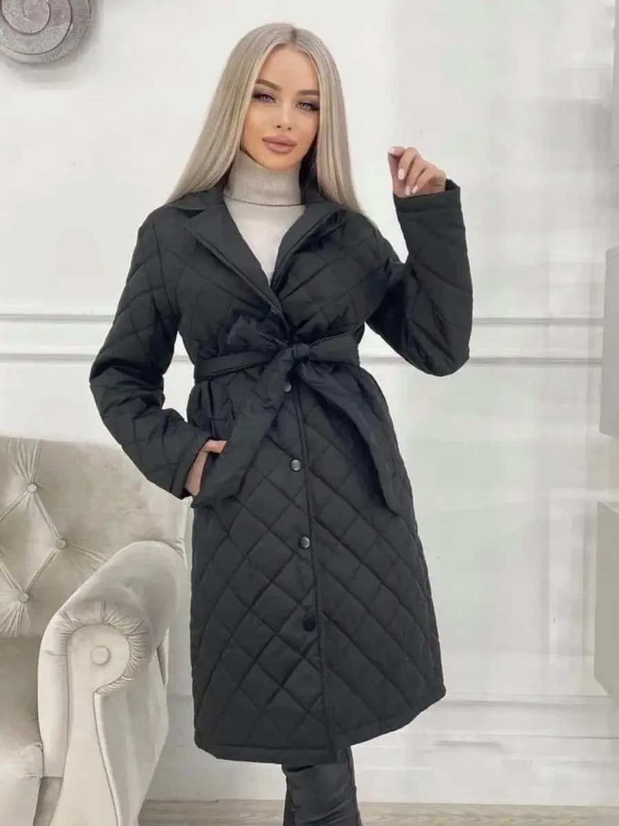 Пальто стеганое длинное с поясом