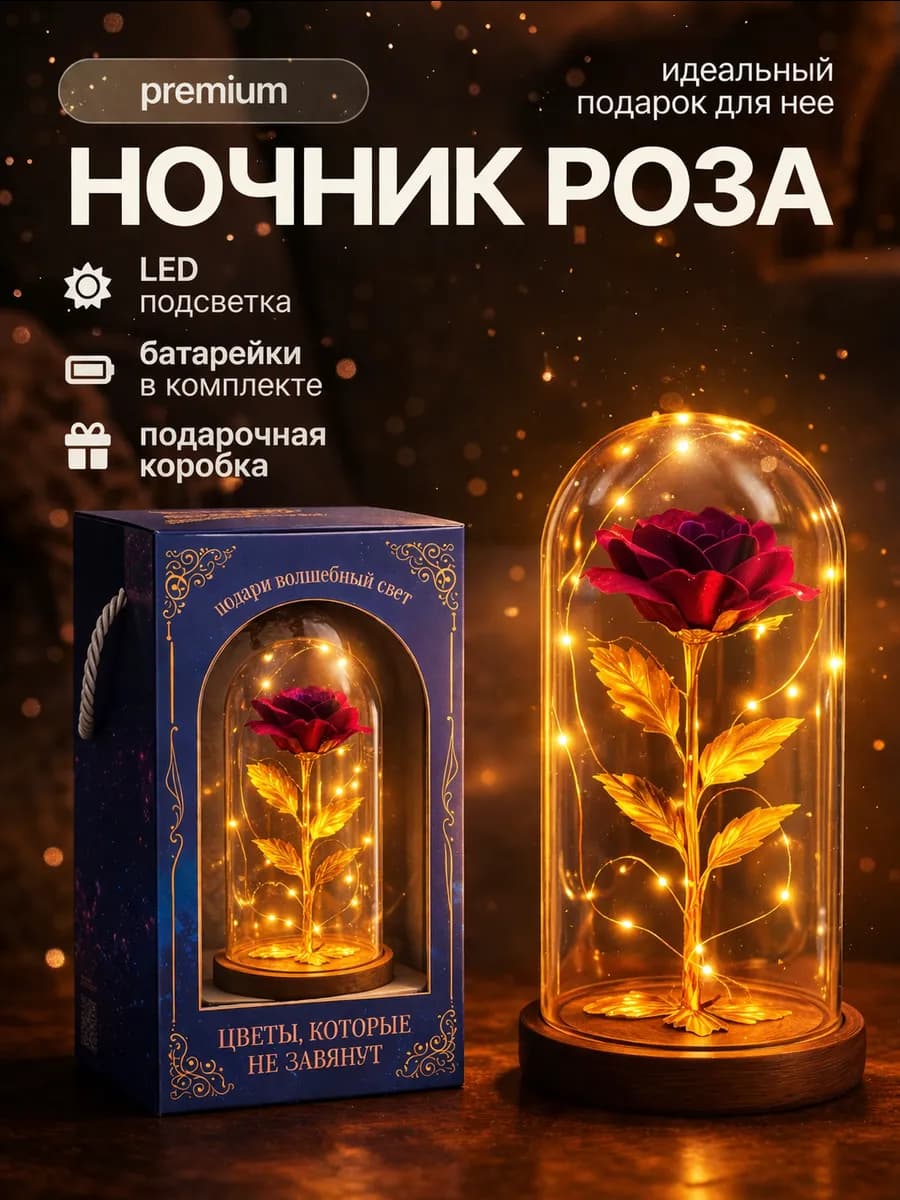 Ночник - цветок роза в колбе в подарок для уюта