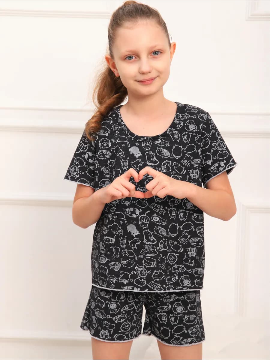 Пижама детская хлопковая с шортами и футболкой, с котиками