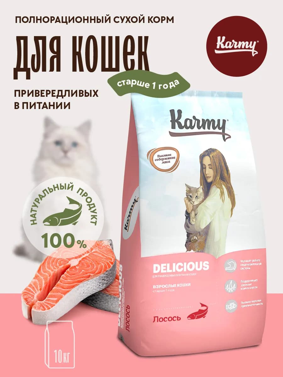Корм для кошек сухой Delicious Лосось 10 кг