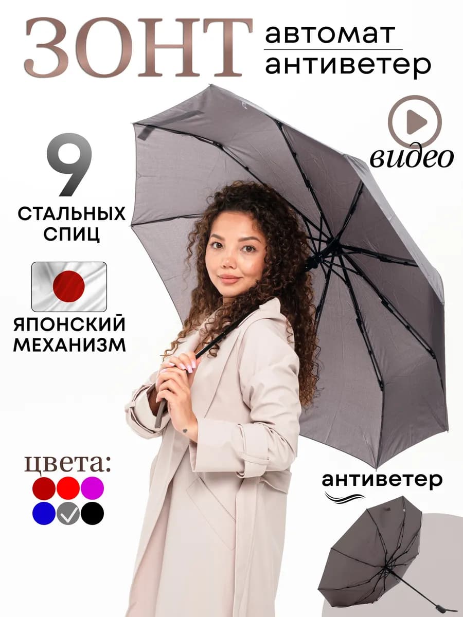 Зонт женский автомат антиветер серый подарок