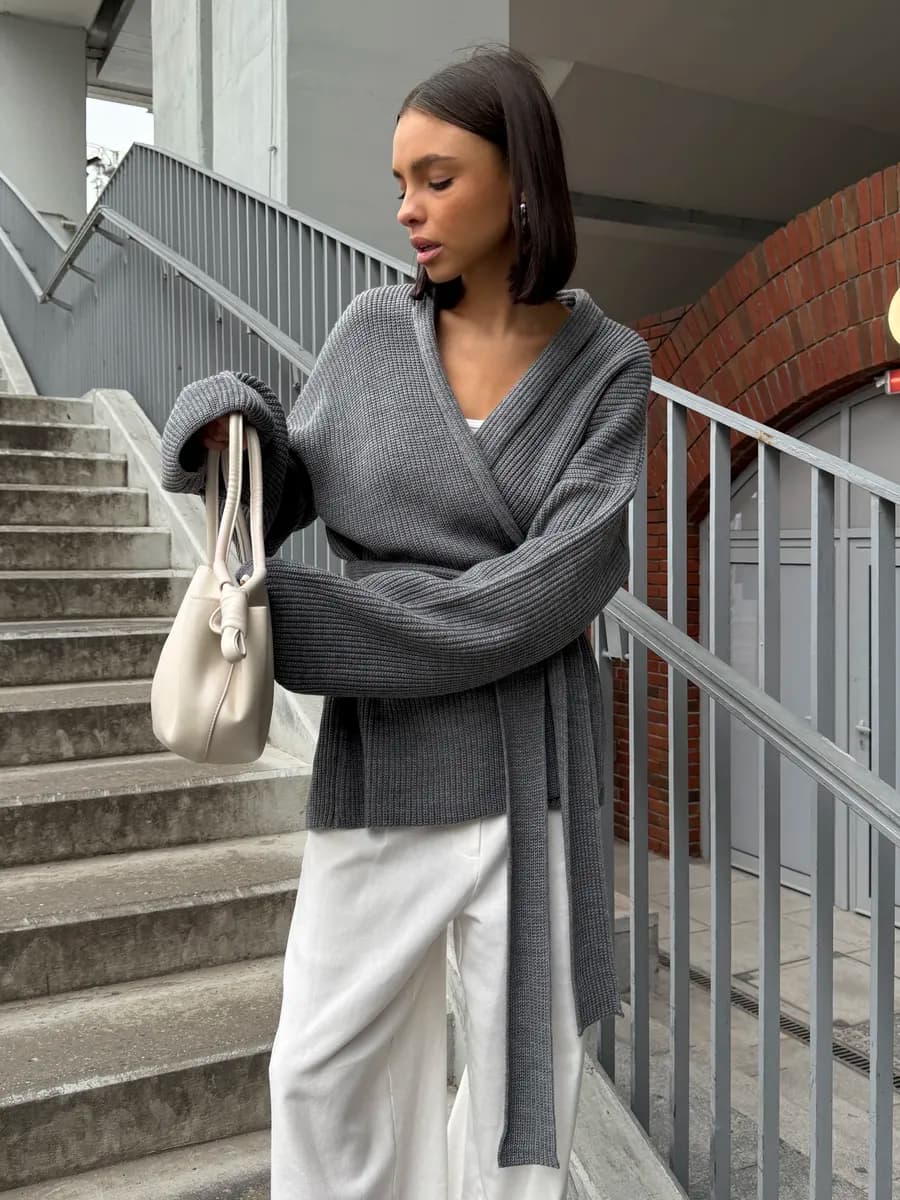 Кардиган вязаный с поясом удлиненный оверсайз осенний