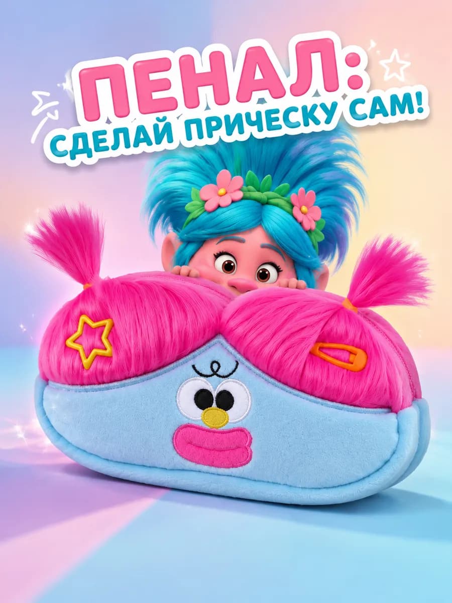 Прикольный пушистый пенал с волосами для девочек школьный