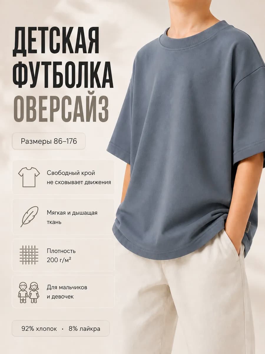 Футболка детская оверсайз серая плотная хлопок с лайкрой