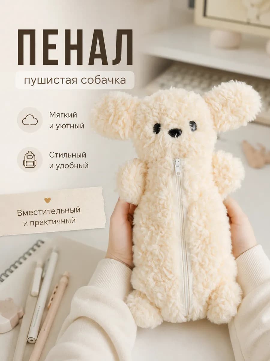 Пенал школьный детский пушистая плюшевая собачка