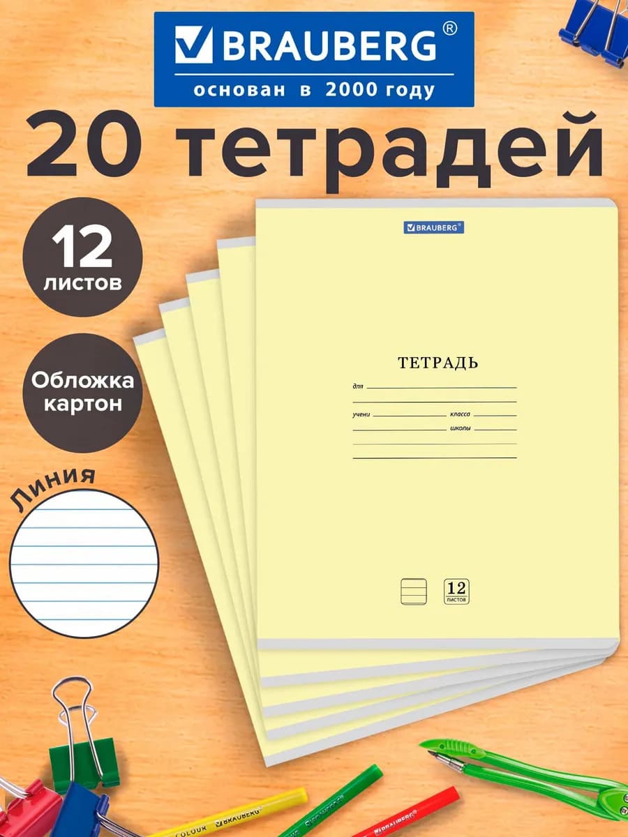 Тетрадь в линейку 12 листов для школы набор 20 штук