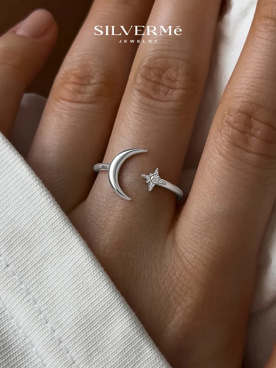 Кольцо серебряное луна со звездой серебро 925
