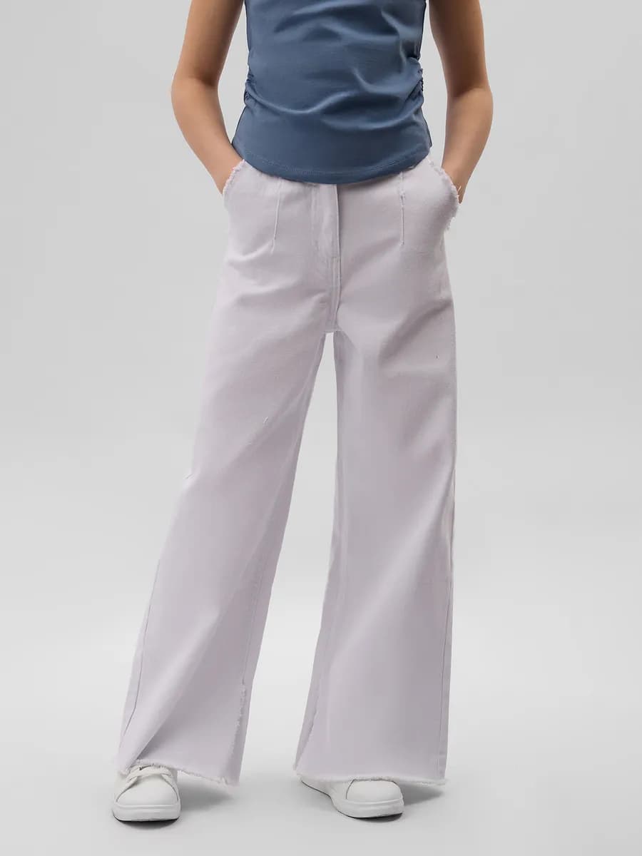 Джинсы силуэта палаццо с декоративными повреждениями