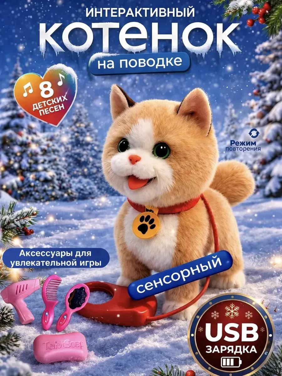Интерактивная музыкальная игрушка умный котенок на поводке