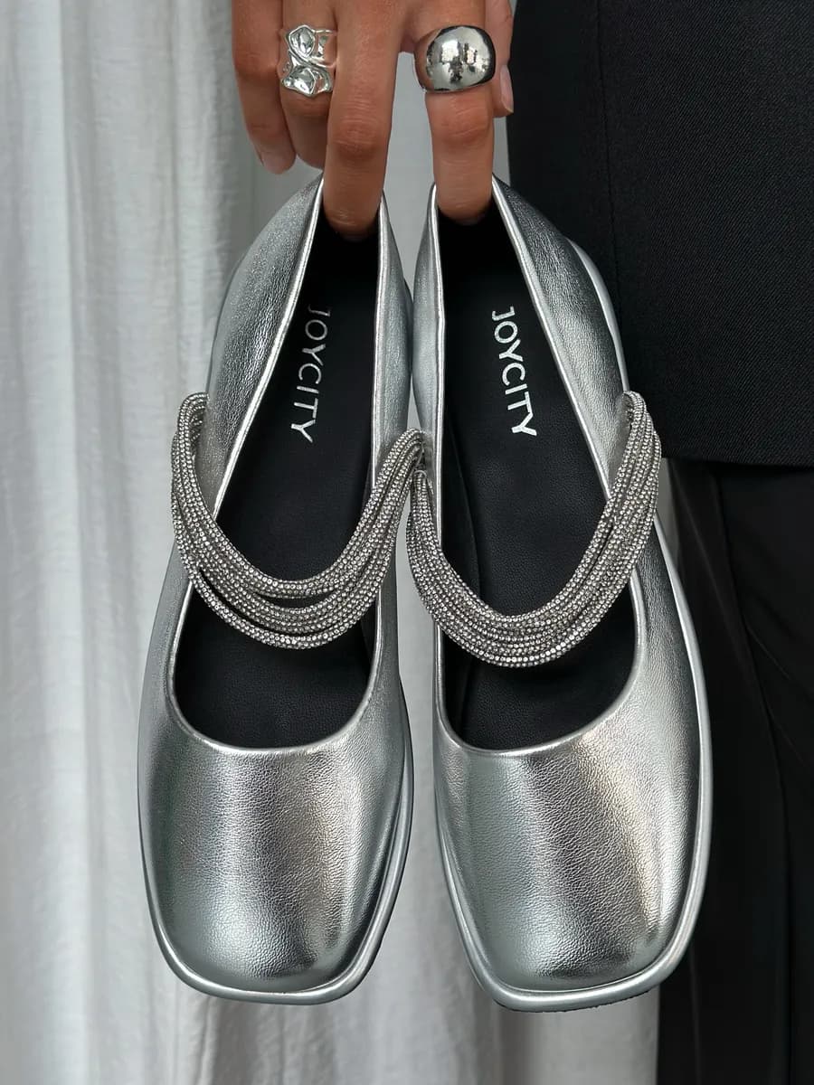 Балетки с резинкой из страз серебристые - фото 1