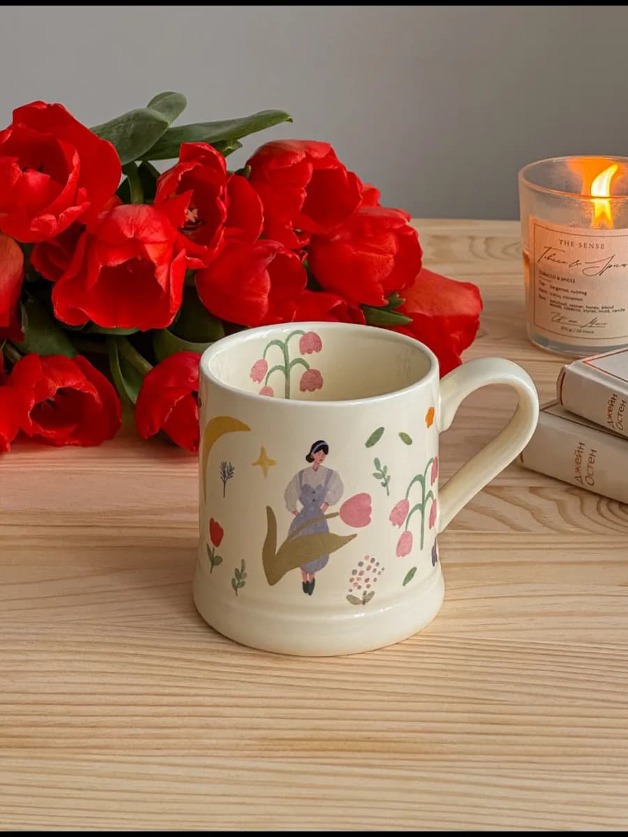 Кружка с цветами, керамическая для чая кофе чашка, 370 мл