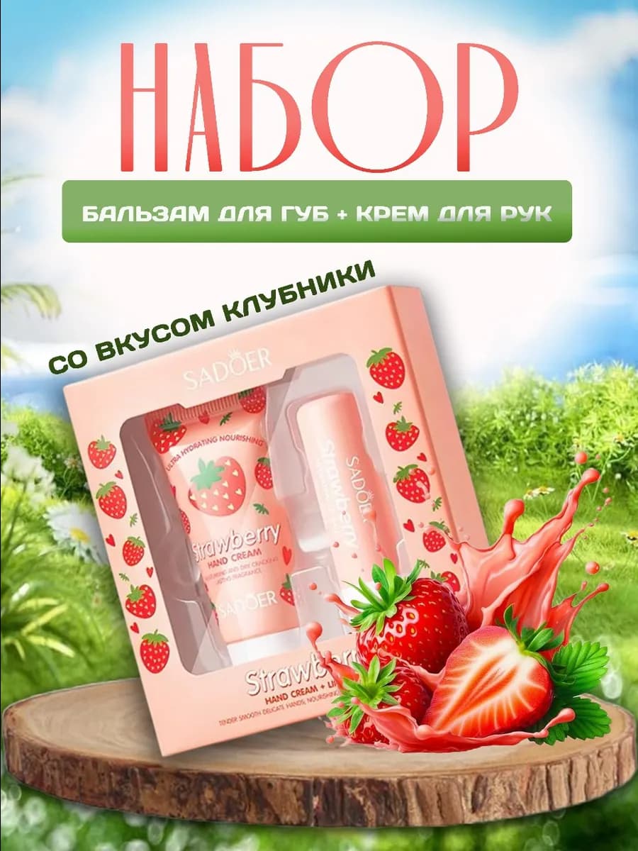 Набор уходовой косметики для рук и губ с клубникой