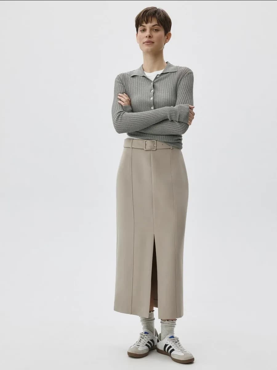 Юбка миди костюмная с двойным поясом и разрезом - фото 1