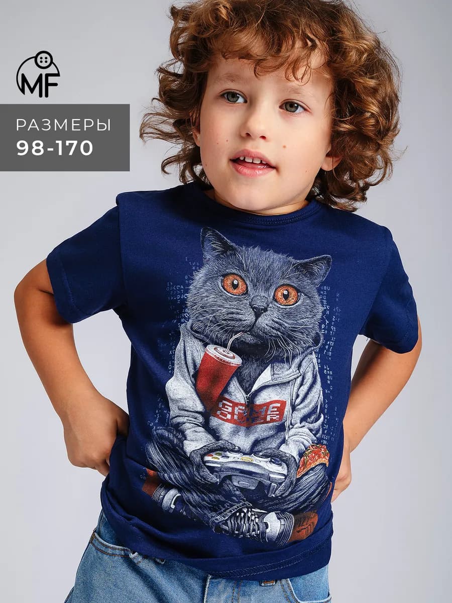 Футболка новогодняя детская хлопок 100% синяя с принтом кот - фото 1