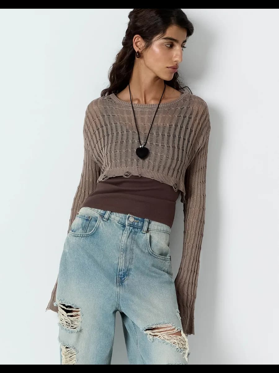 Коричневый укороченный джемпер из сетки