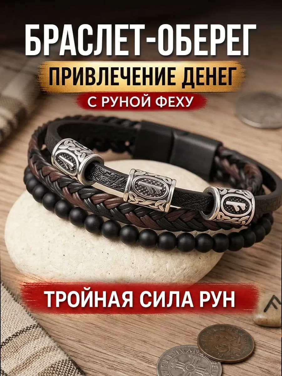 Браслет на руку кожаный для привлечения денег
