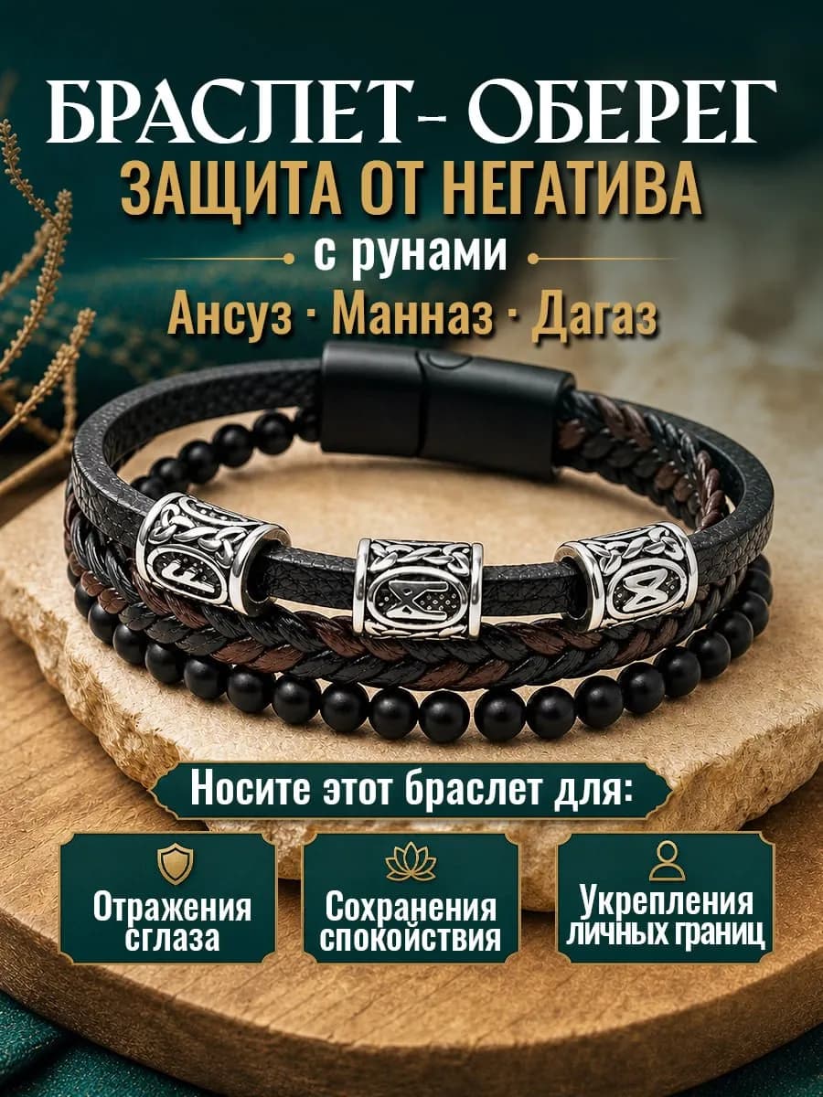 Браслет мужской кожаный рунический Защита от сглаза и порчи