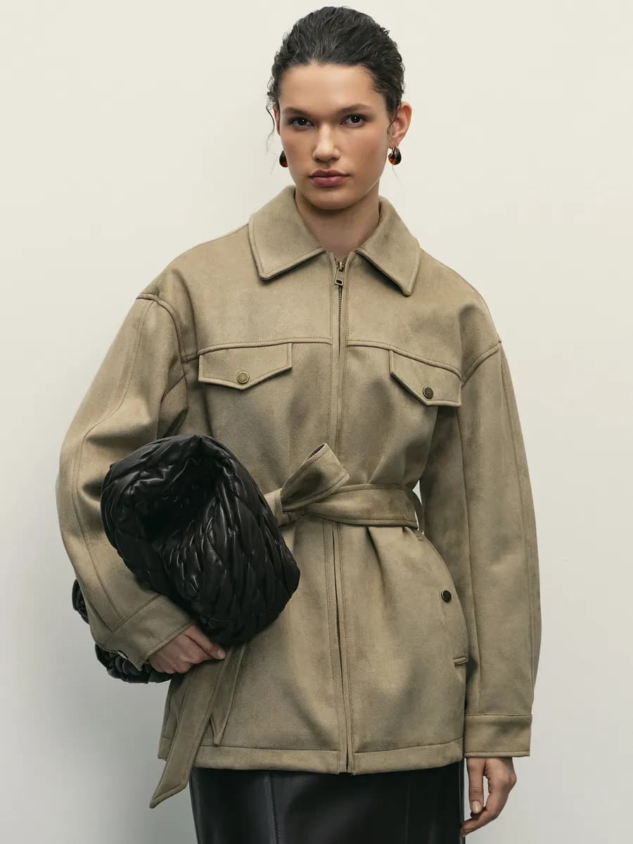 Куртка удлиненная с поясом из искусственной замши - фото 1