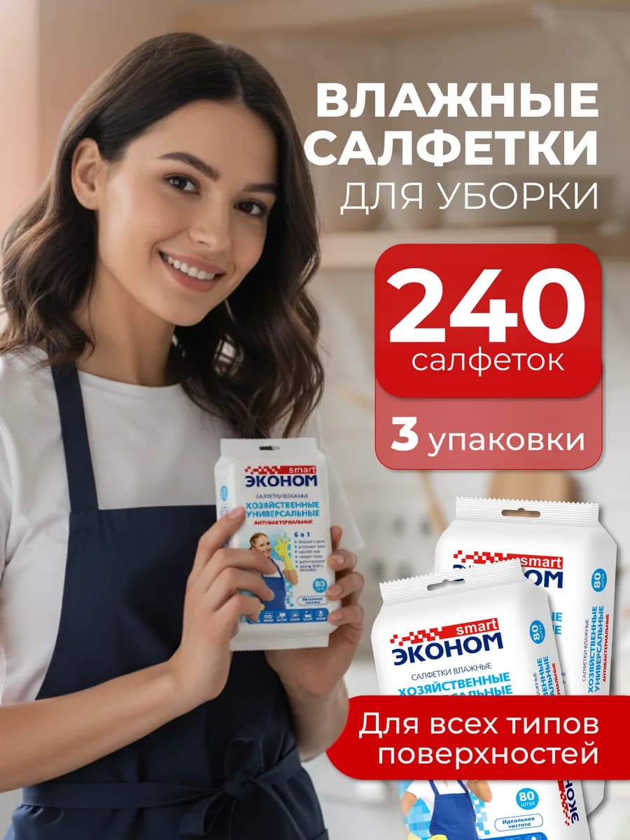 Влажные салфетки для уборки универсальные 240 шт. 3 упаковки