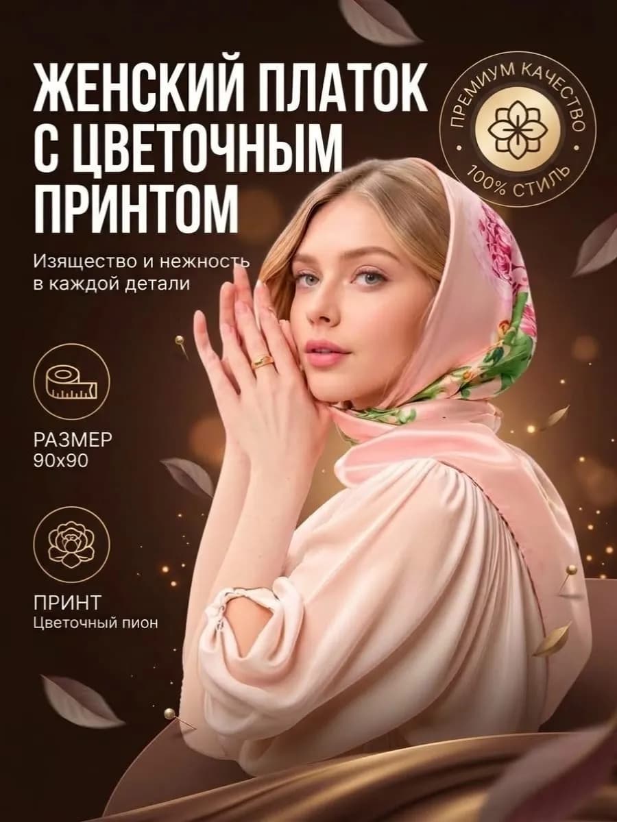 Платок на голову и шею шелковый атласный