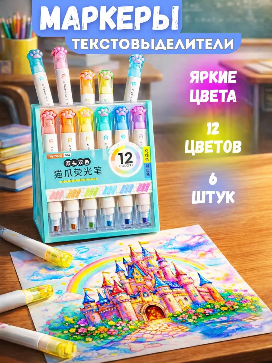 Маркеры текстовыделители двусторонние набор 12 цветов