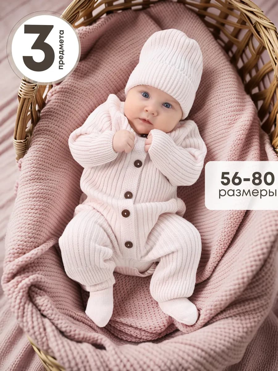 Вязаный комбинезон комплект малышам новорожденным на выписку