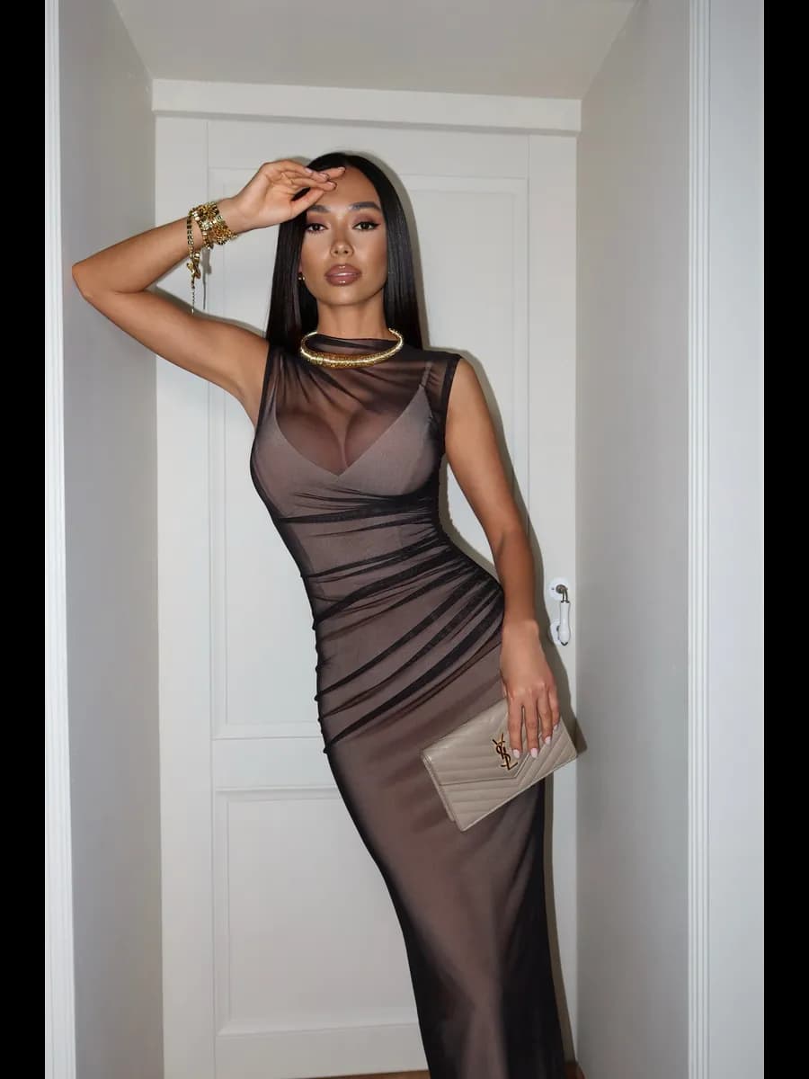 Платье прозрачное с драпировкой в пол праздничное вечернее - фото 1