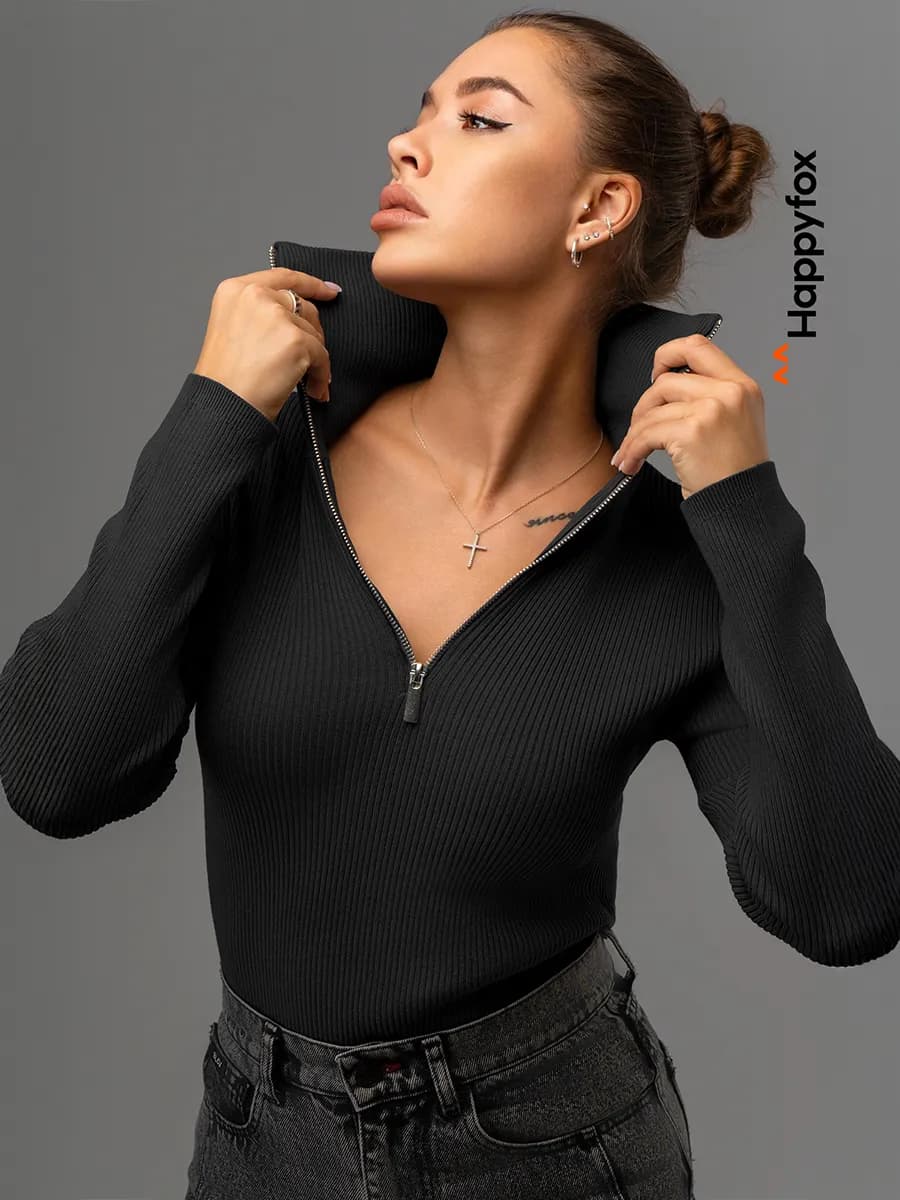 Джемпер в рубчик вязаный базовый с воротником на молнии - фото 1