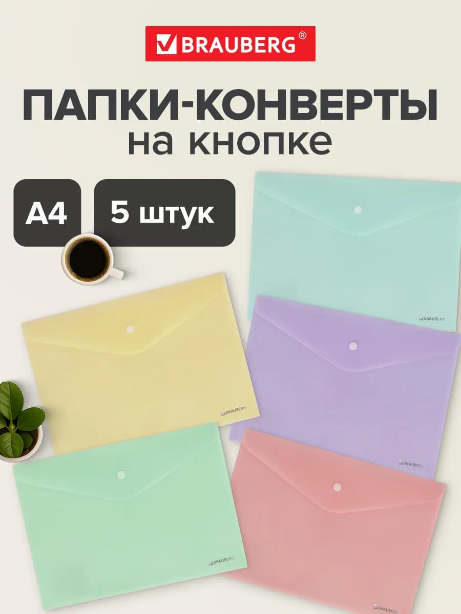 Папка конверт для документов, тетрадей, бумаг А4 кнопка 5 шт