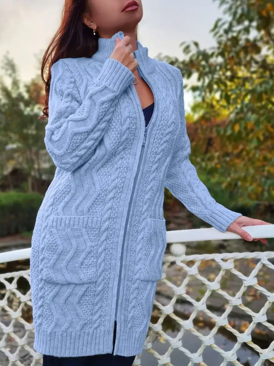 Вязаный длинный кардиган на молнии с карманами