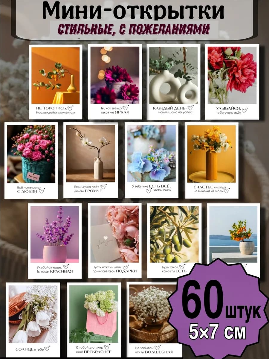 Мини открытки с пожеланиями набор 60 штук