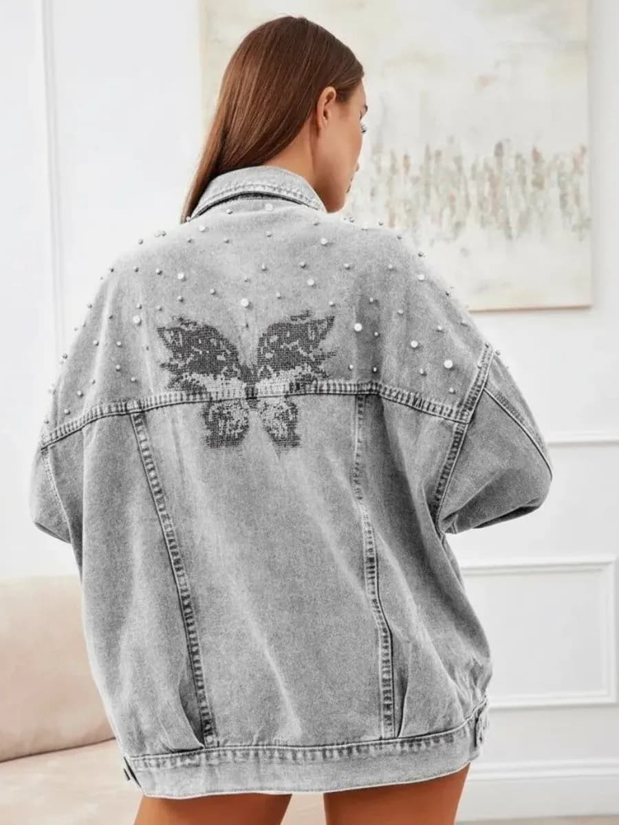 Куртка демисезонная джинсовая со стразами летняя оверсайз