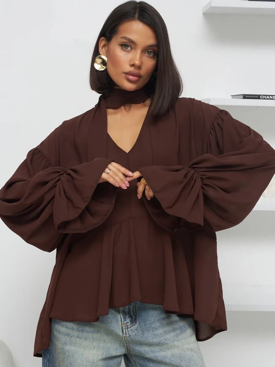 Блузка нарядная шифоновая полупрозрачная с длинными рукавами