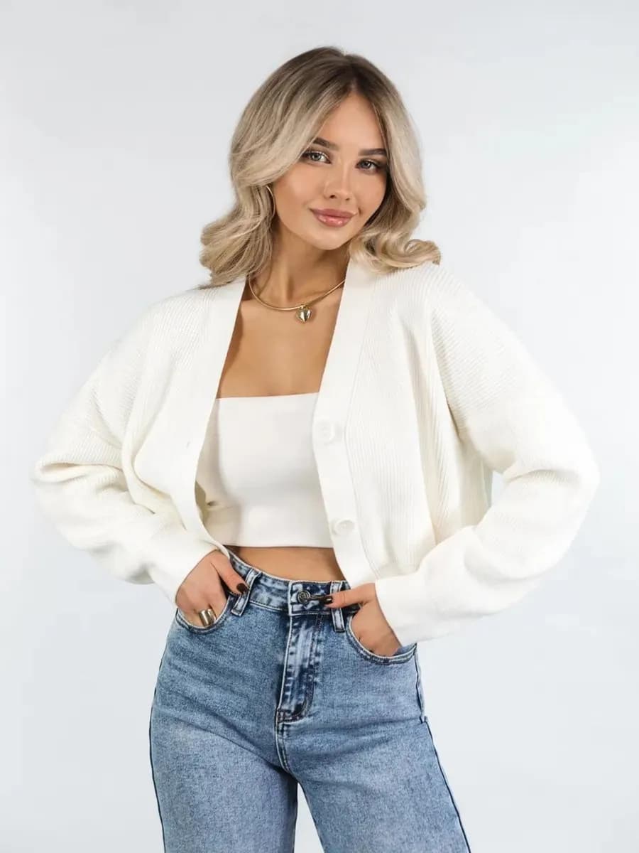 Кардиган укороченный вязаный на пуговицах оверсайз - фото 1