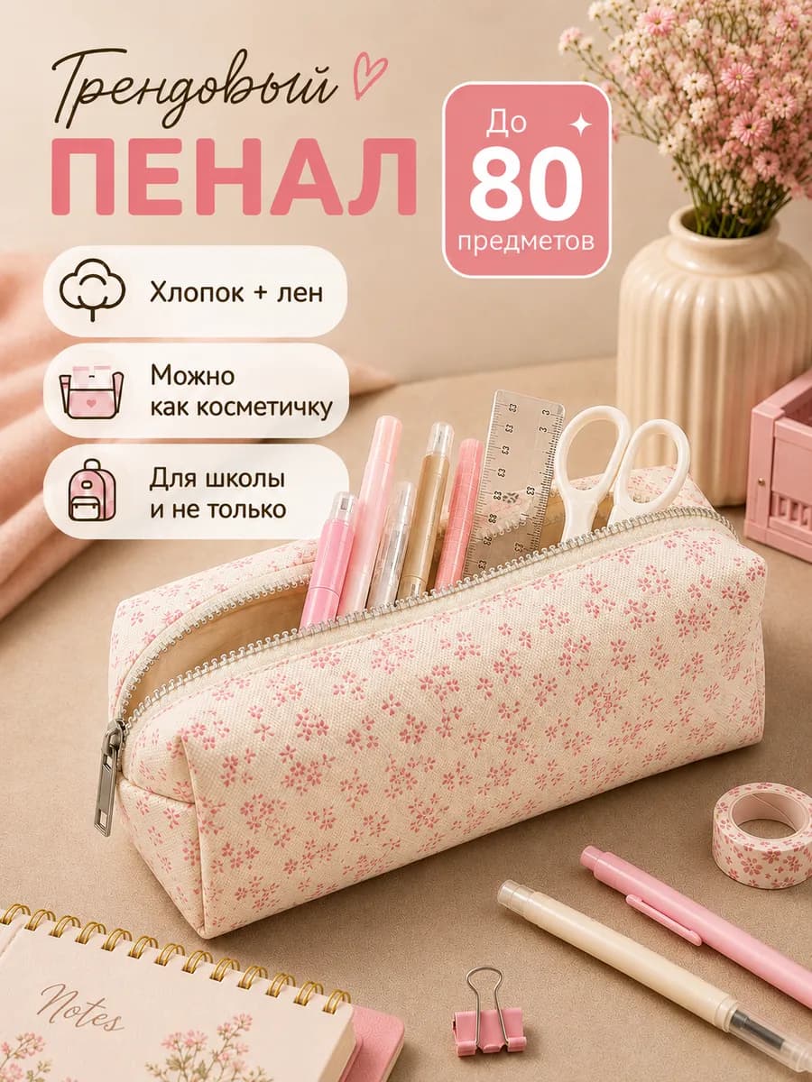 Пенал косметичка школьный для девочек эстетик с цветочками