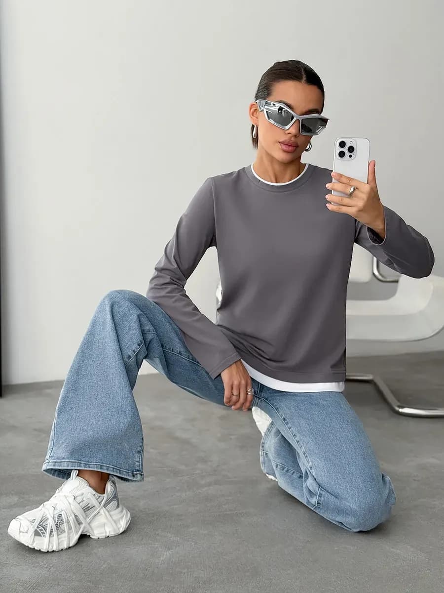 Лонгслив женский двойной оверсайз спортивный хлопковый