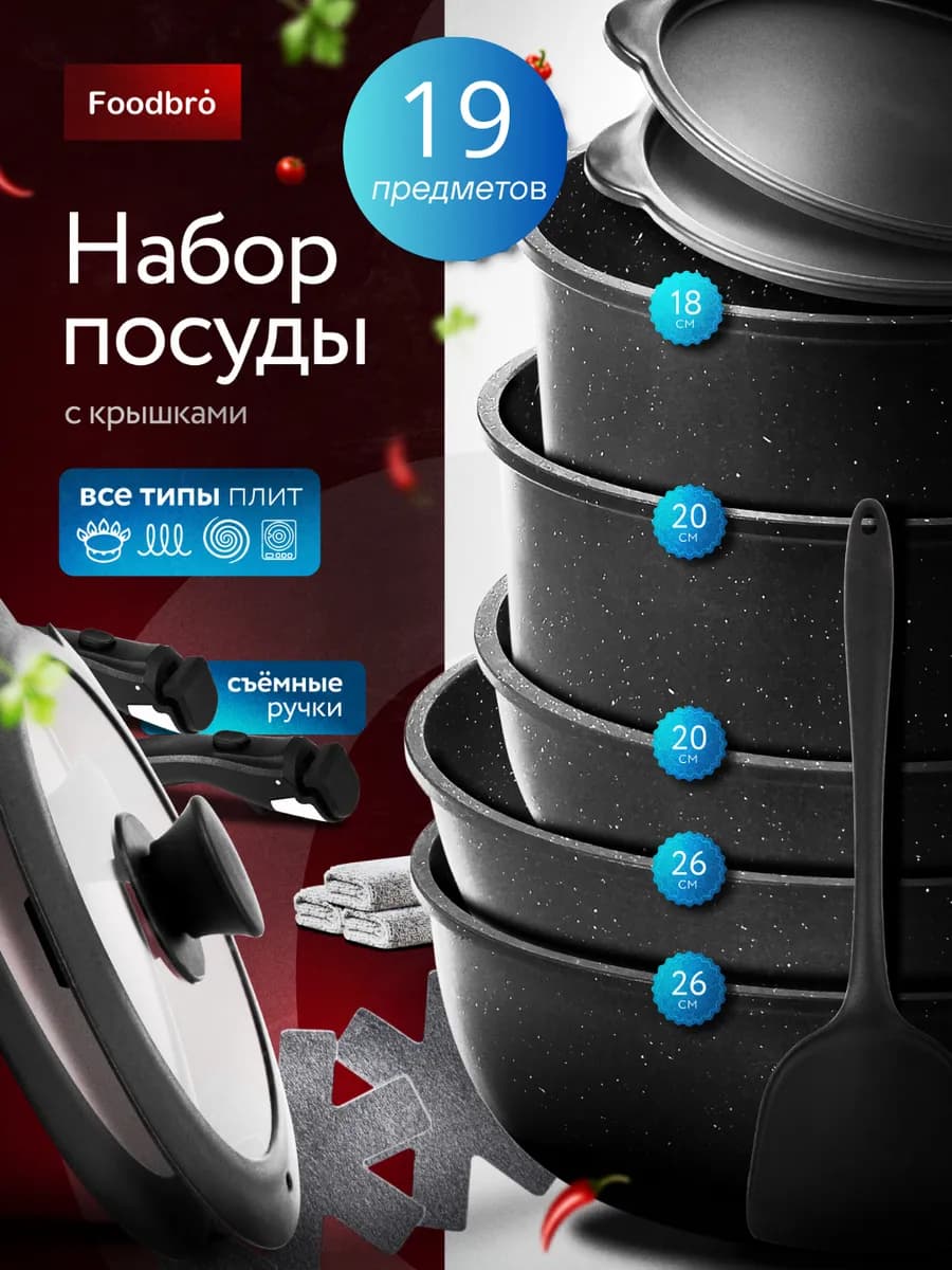 Кухонный набор кастрюль и сковородок с крышками