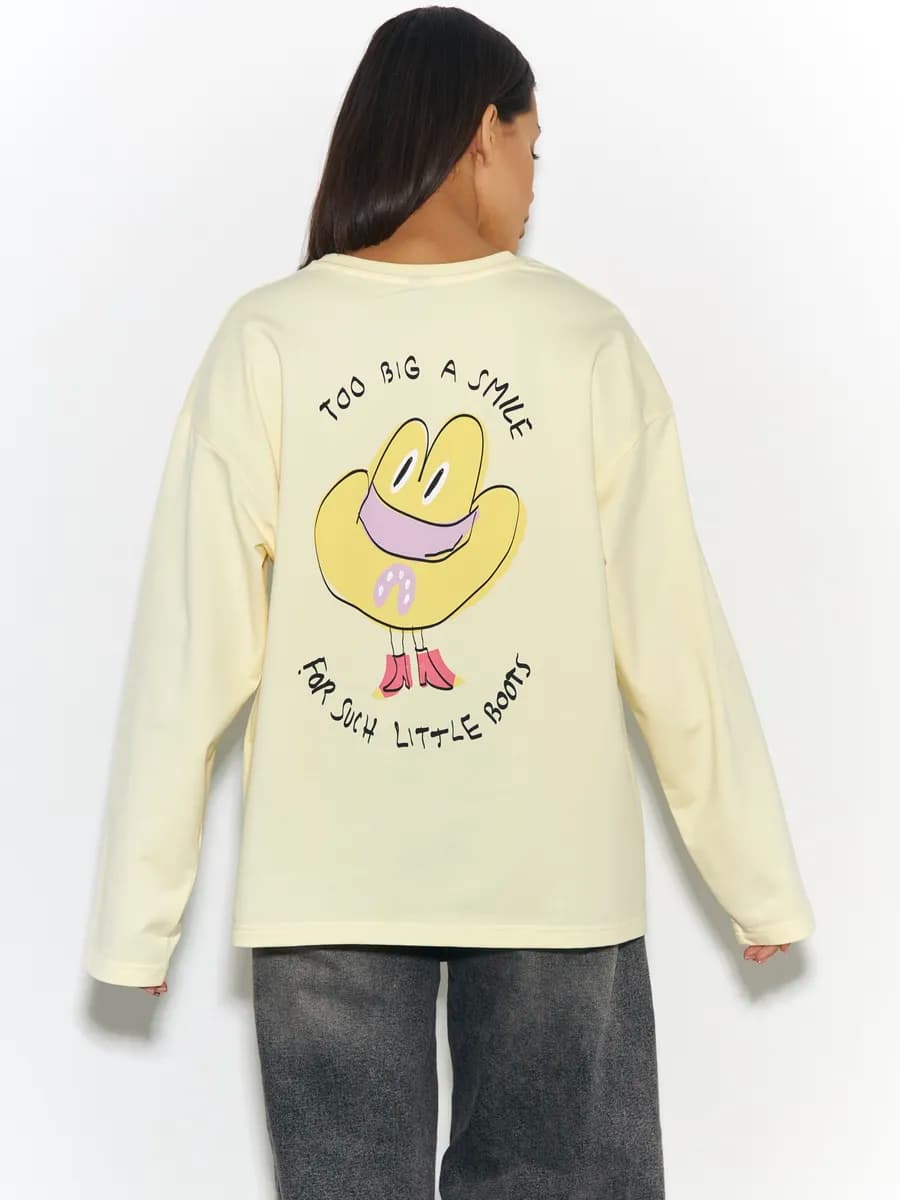 Лонгслив оверсайз сливочный с принтом шляпа