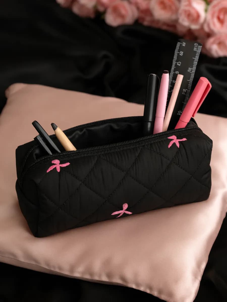 Пенал школьный черный с бантиками милый мягкий