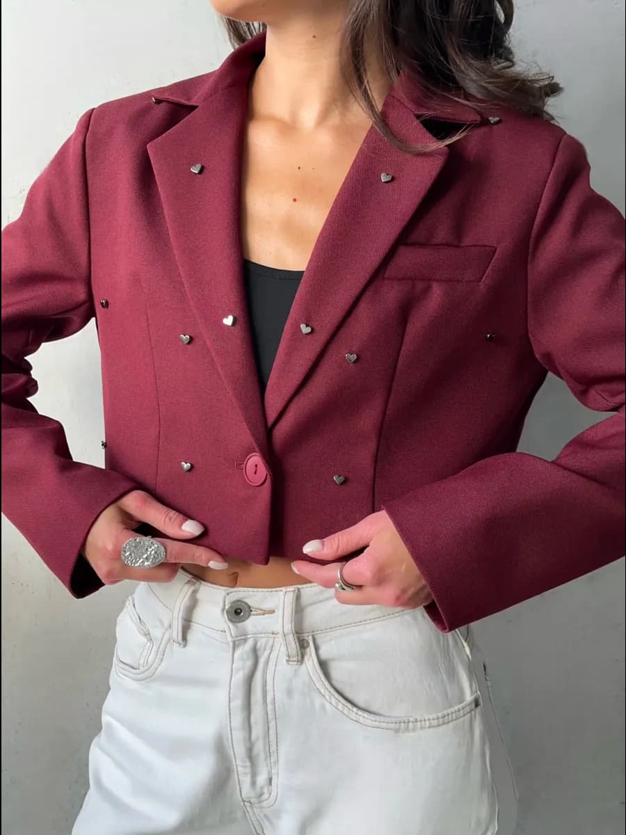 Пиджак укороченный бордовый оверсайз с сердечками