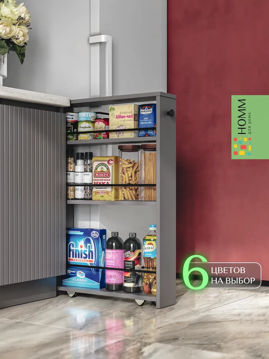Этажерка для кухни на колесиках узкая серая Basket-1